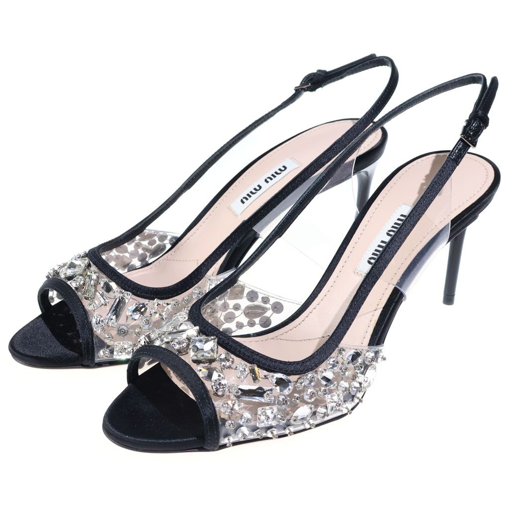 Miu Miu Crysrtal Embellished Sandals Crystal Bijou Decoration Heels Shoes Black