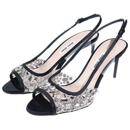Miu Miu Crysrtal Embellished Sandals Crystal Bijou Decoration Heels Shoes Black