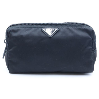 Prada Triangle Logo Tessuto Nylon Makeup Pouch Case Black Silver