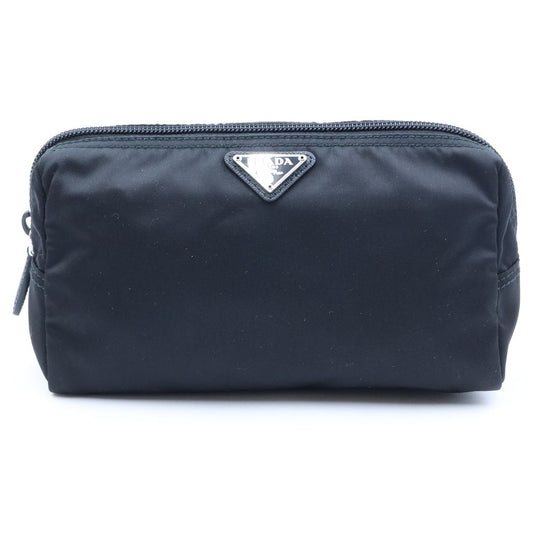 Prada Triangle Logo Tessuto Nylon Makeup Pouch Case Black Silver