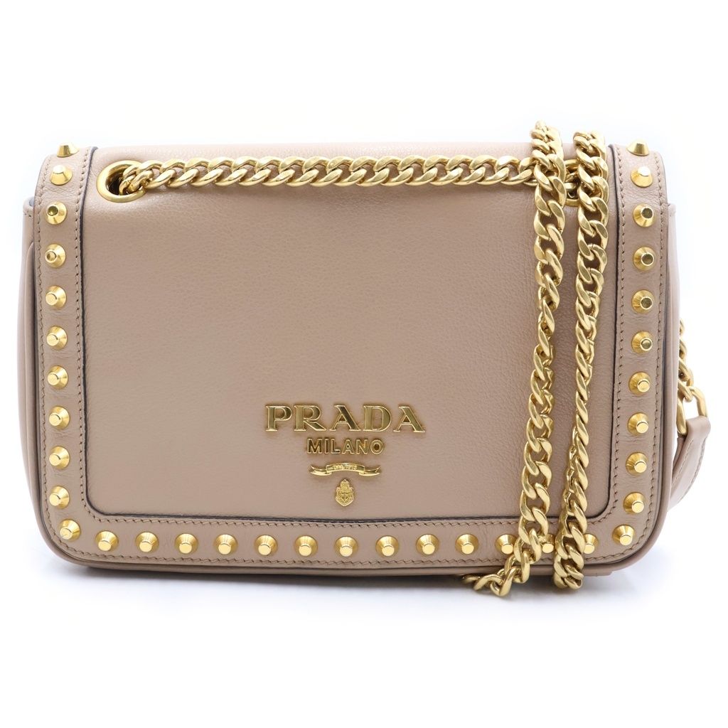 Prada Studded Shoulder Bag Beige Leather Gold