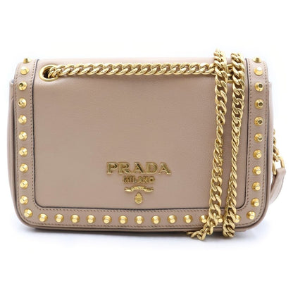 Prada Studded Shoulder Bag Beige Leather Gold