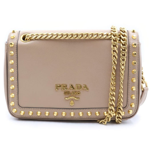 Prada Studded Shoulder Bag Beige Leather Gold