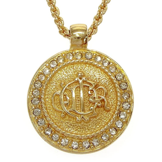 Dior Rhinestone Emblem Round Necklace Gold