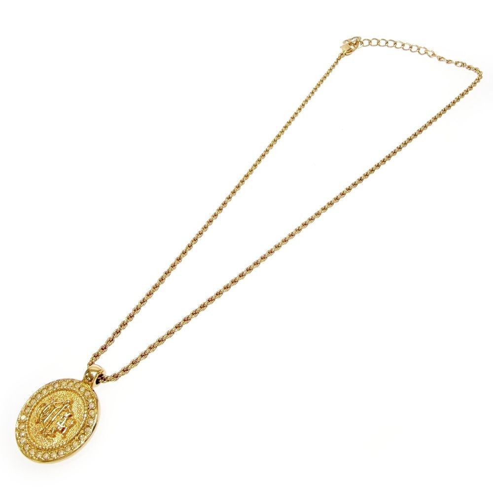 Dior Rhinestone Emblem Round Necklace Gold — view 3