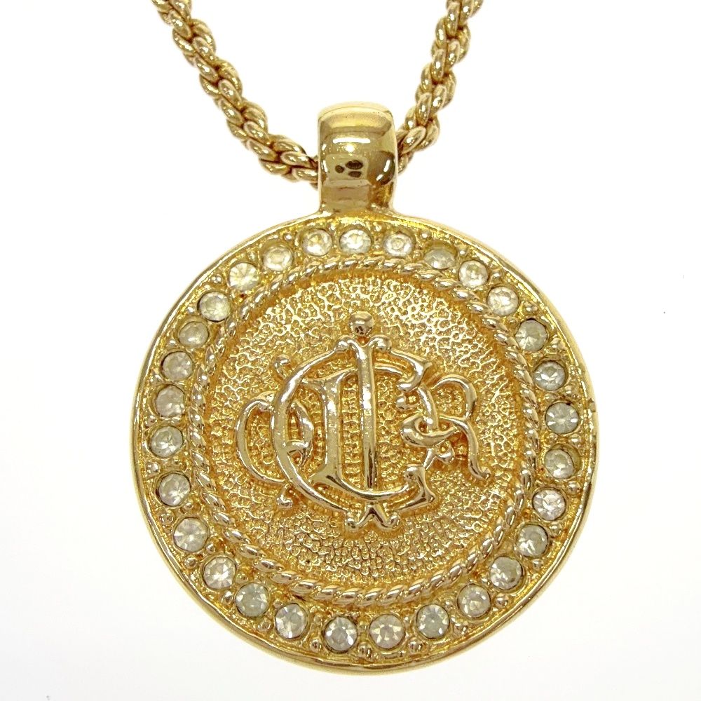 Dior Rhinestone Emblem Round Necklace Gold