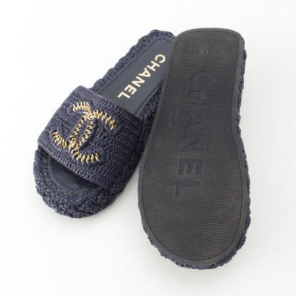 Chanel Raffia CC Logo Flat Sandals Slippers Navy 34C — view 5