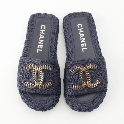 Chanel Raffia CC Logo Flat Sandals Slippers Navy 34C — view 2