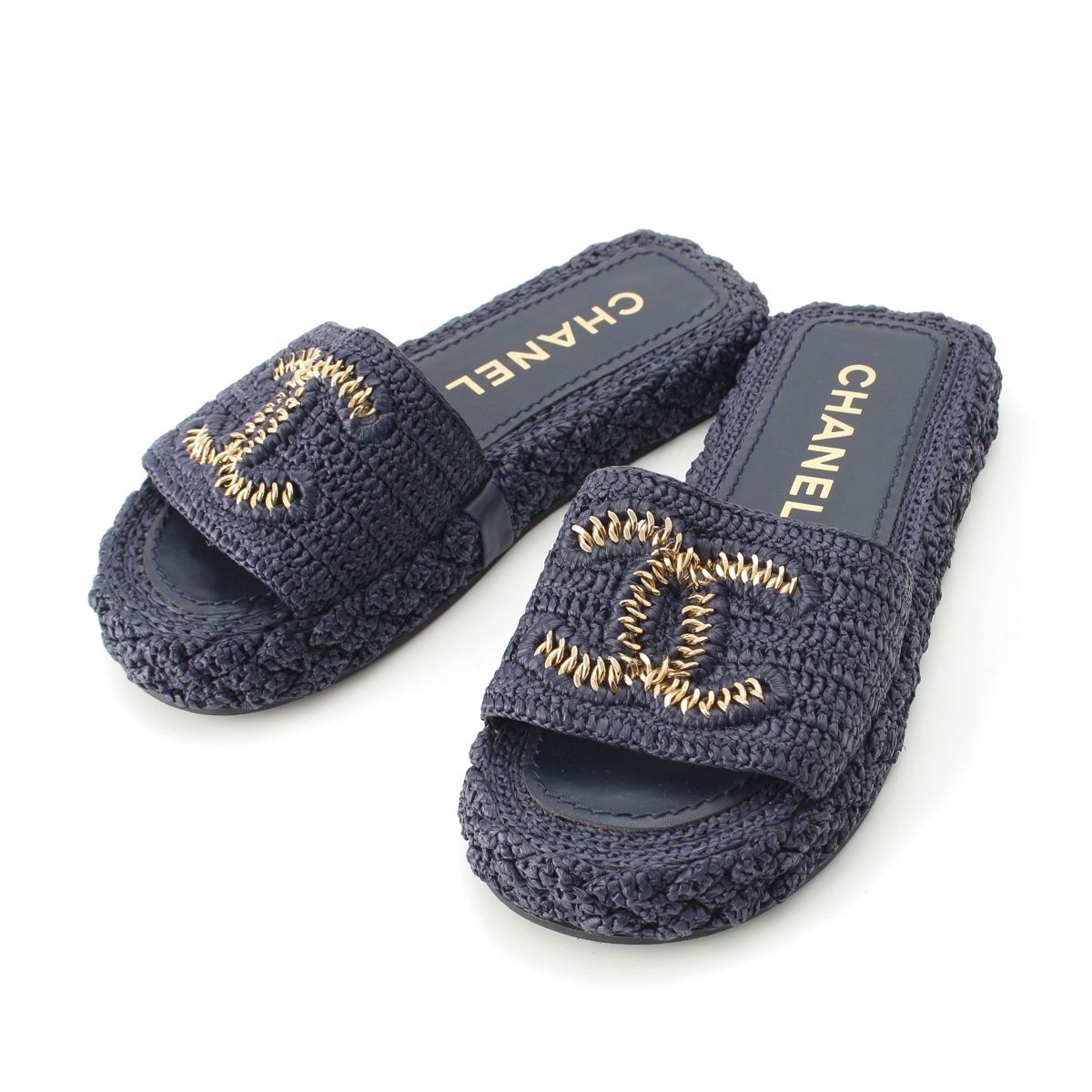 Chanel Raffia CC Logo Flat Sandals Slippers Navy 34C