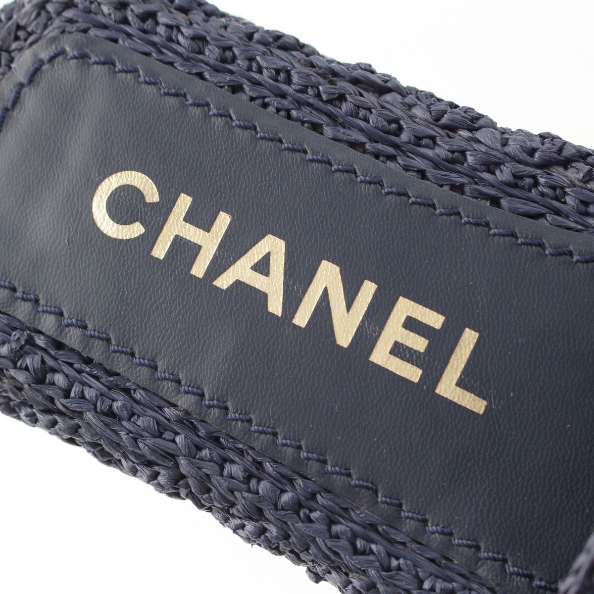 Chanel Raffia CC Logo Flat Sandals Slippers Navy 34C — view 7