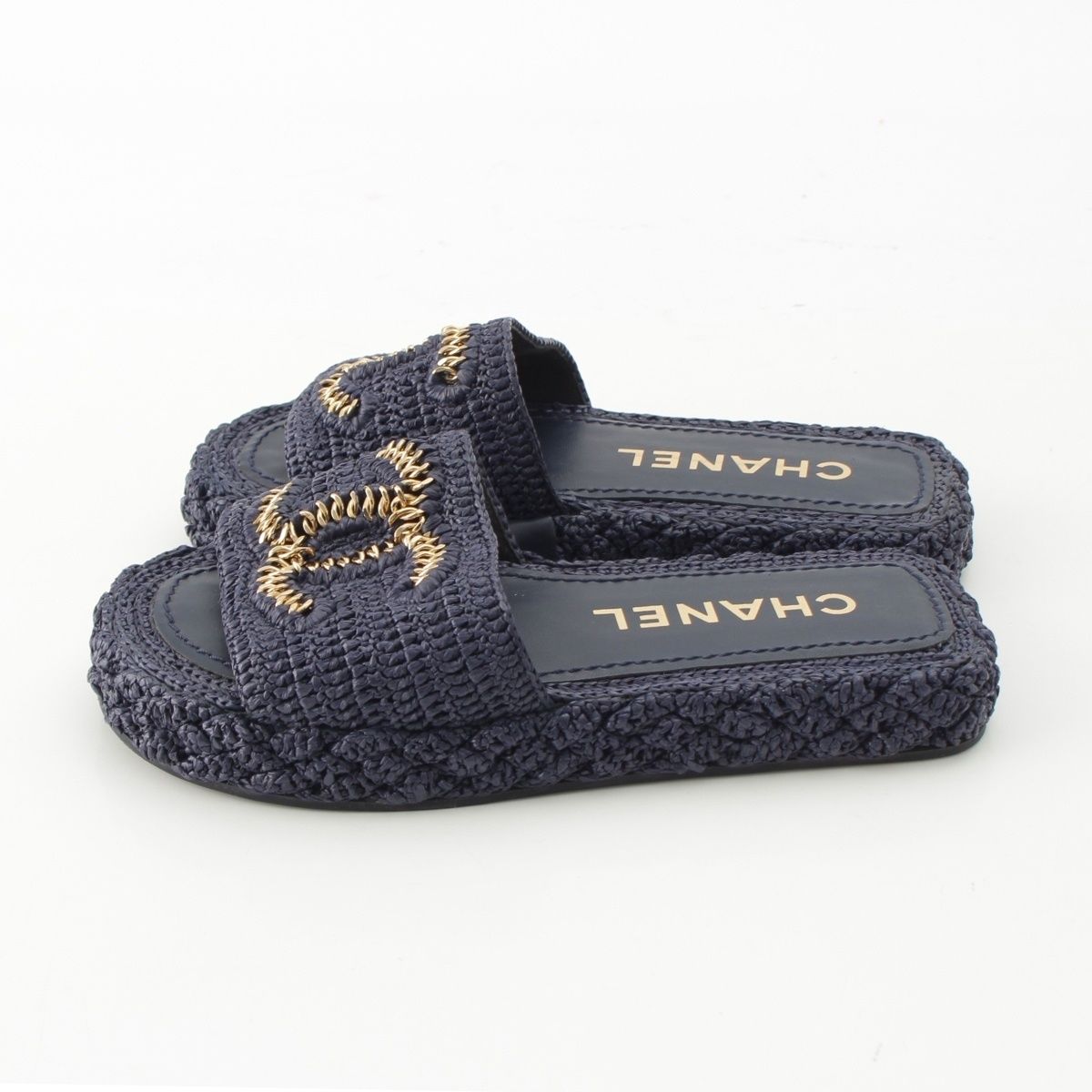 Chanel Raffia CC Logo Flat Sandals Slippers Navy 34C — view 3