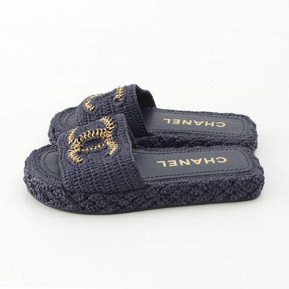 Chanel Raffia CC Logo Flat Sandals Slippers Navy 34C — view 3