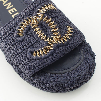 Chanel Raffia CC Logo Flat Sandals Slippers Navy 34C — view 6