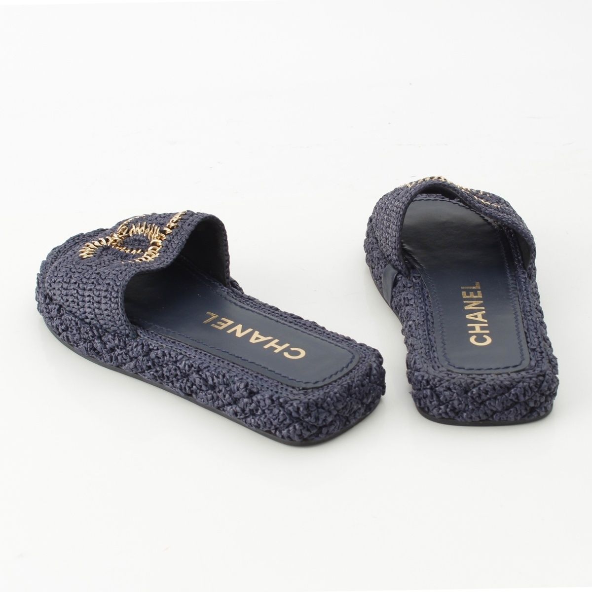 Chanel Raffia CC Logo Flat Sandals Slippers Navy 34C — view 4