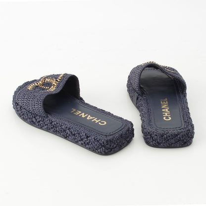Chanel Raffia CC Logo Flat Sandals Slippers Navy 34C — view 4