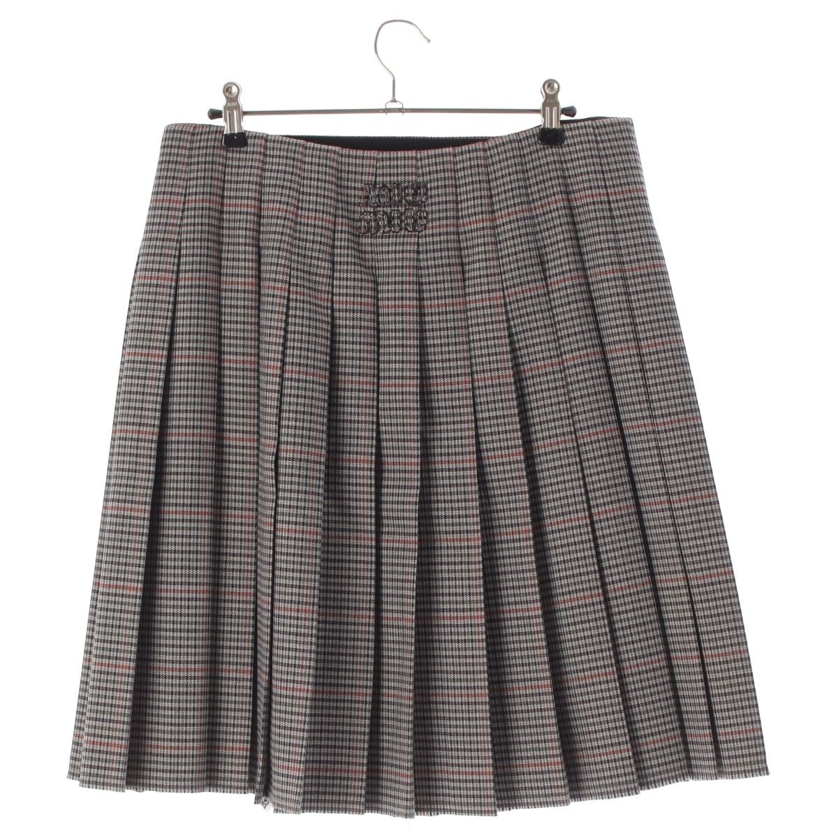 Miu Miu Wool Leather Belted Back Logo Glen Check Skirt Gray Multicolor 36 — view 2