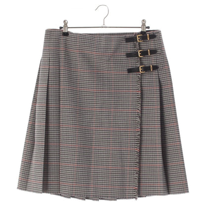 Miu Miu Wool Leather Belted Back Logo Glen Check Skirt Gray Multicolor 36