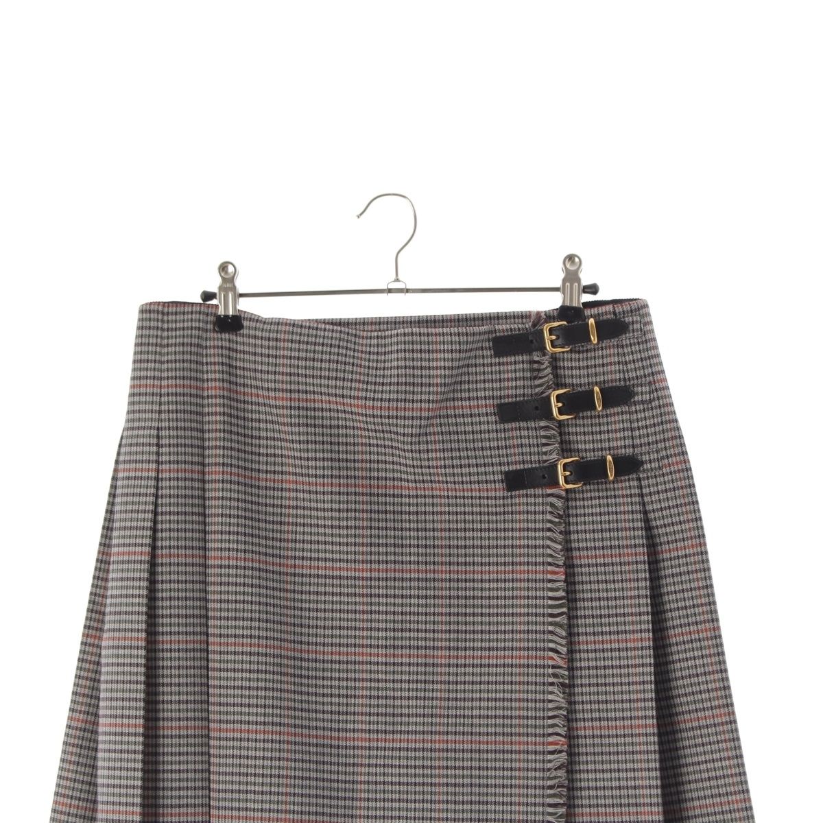 Miu Miu Wool Leather Belted Back Logo Glen Check Skirt Gray Multicolor 36 — view 3