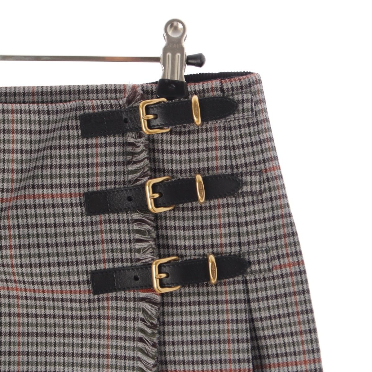 Miu Miu Wool Leather Belted Back Logo Glen Check Skirt Gray Multicolor 36 — view 4