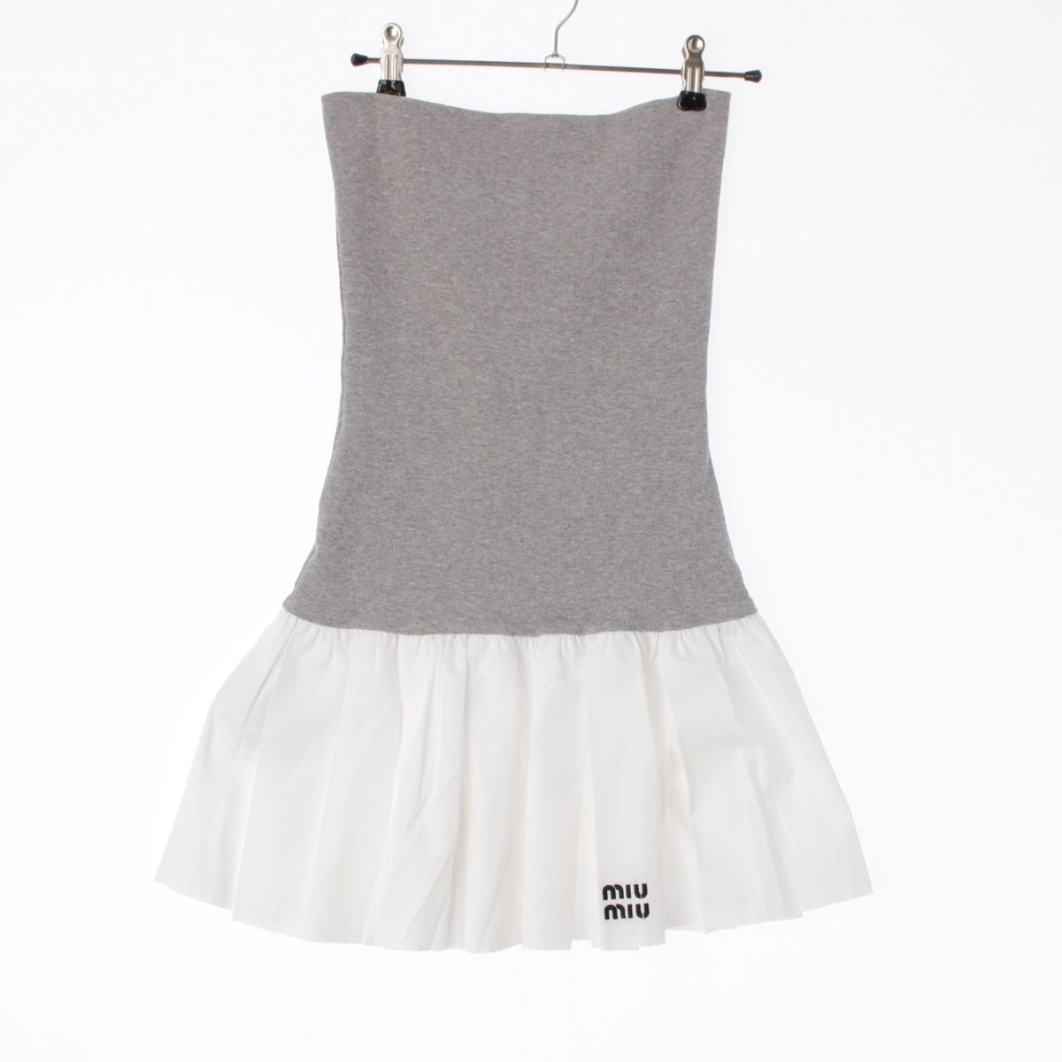 Miu Miu Cotton Poplin Cashmere Rib Knit Contrast Trim Mini Skirt White Gray 40