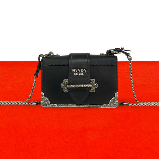 Prada Cahier Logo Leather Chain Mini Shoulder Bag Pochette Black