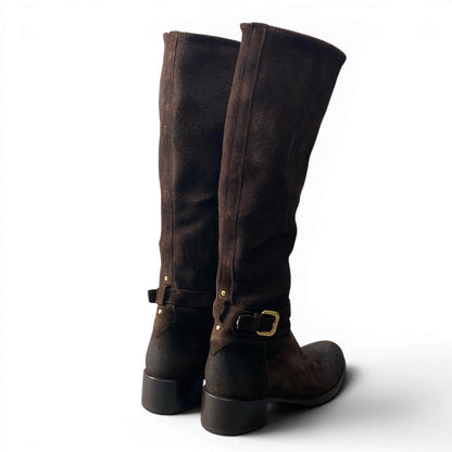 Prada 2 D Leather Boots Embroidery with Suede Long Buckle Design Brown — view 4