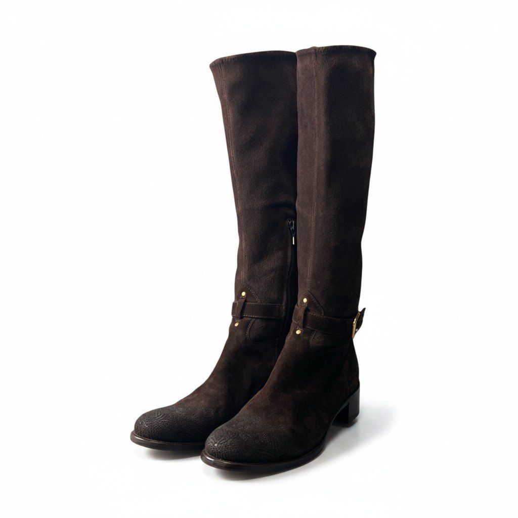 Prada 2 D Leather Boots Embroidery with Suede Long Buckle Design Brown