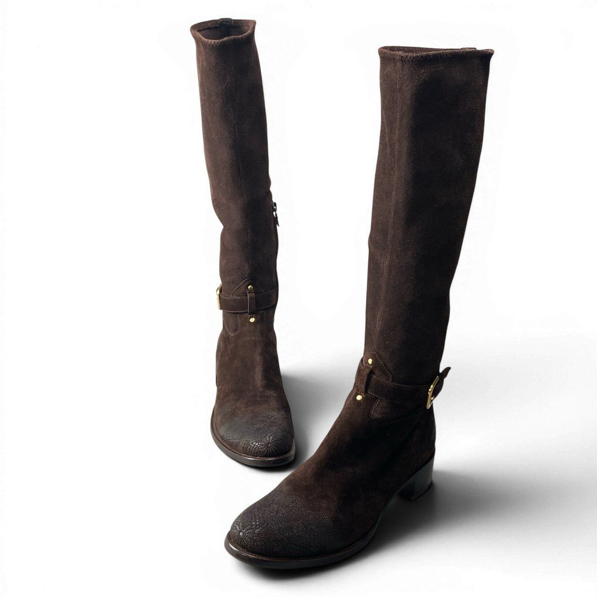 Prada 2 D Leather Boots Embroidery with Suede Long Buckle Design Brown — view 5