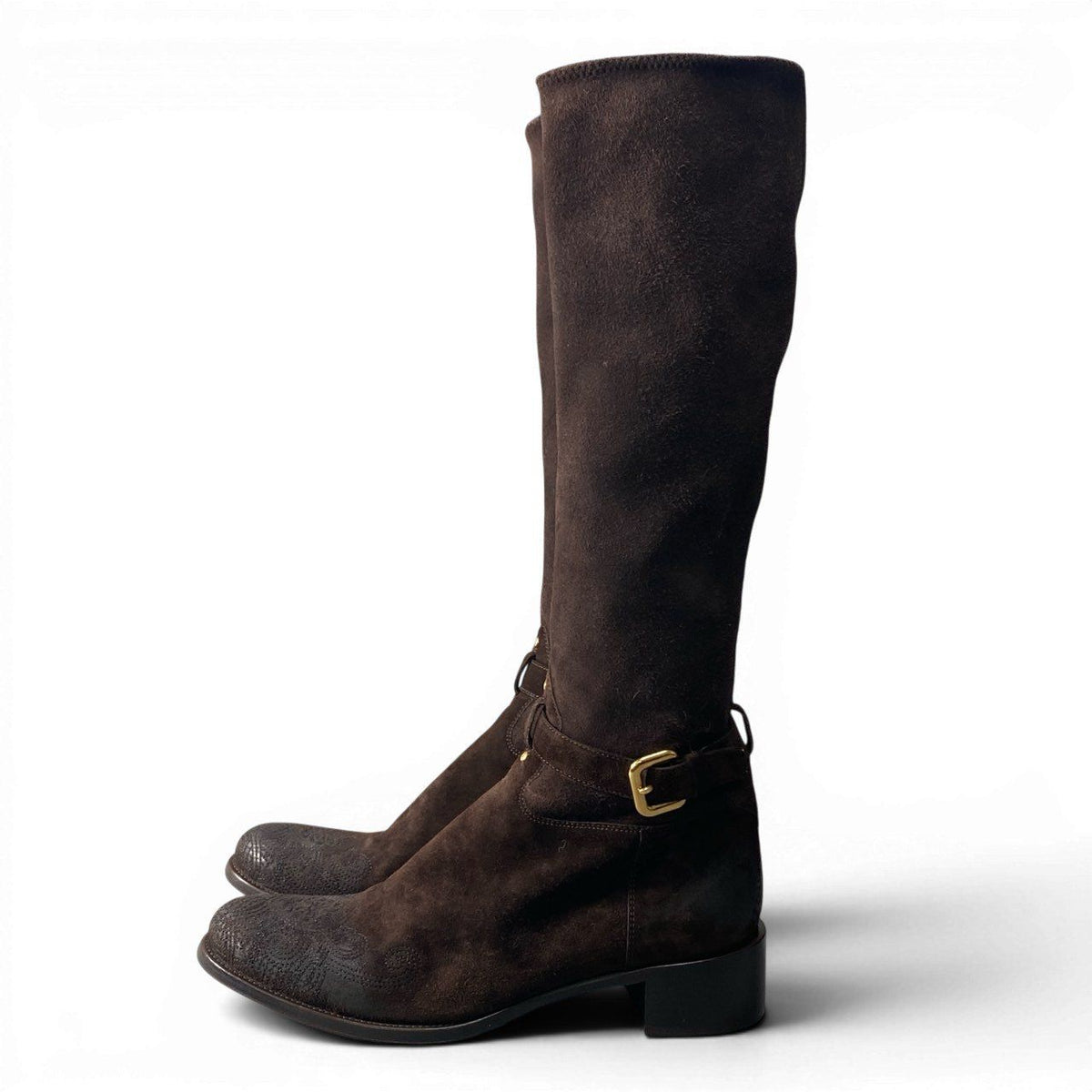 Prada 2 D Leather Boots Embroidery with Suede Long Buckle Design Brown — view 3