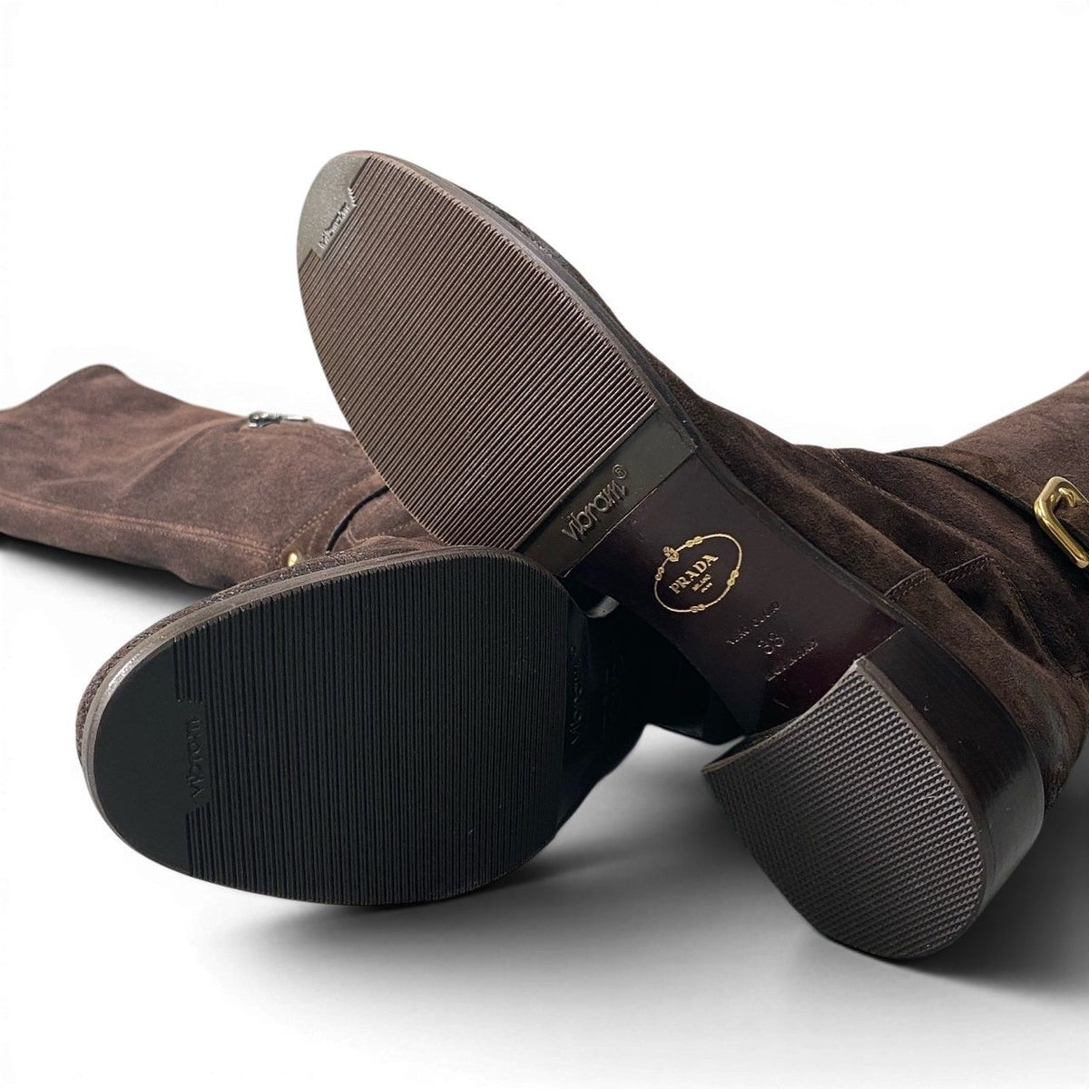 Prada 2 D Leather Boots Embroidery with Suede Long Buckle Design Brown — view 6