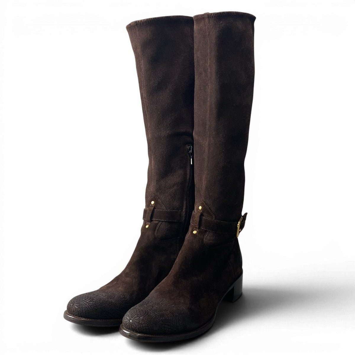 Prada 2 D Leather Boots Embroidery with Suede Long Buckle Design Brown — view 2