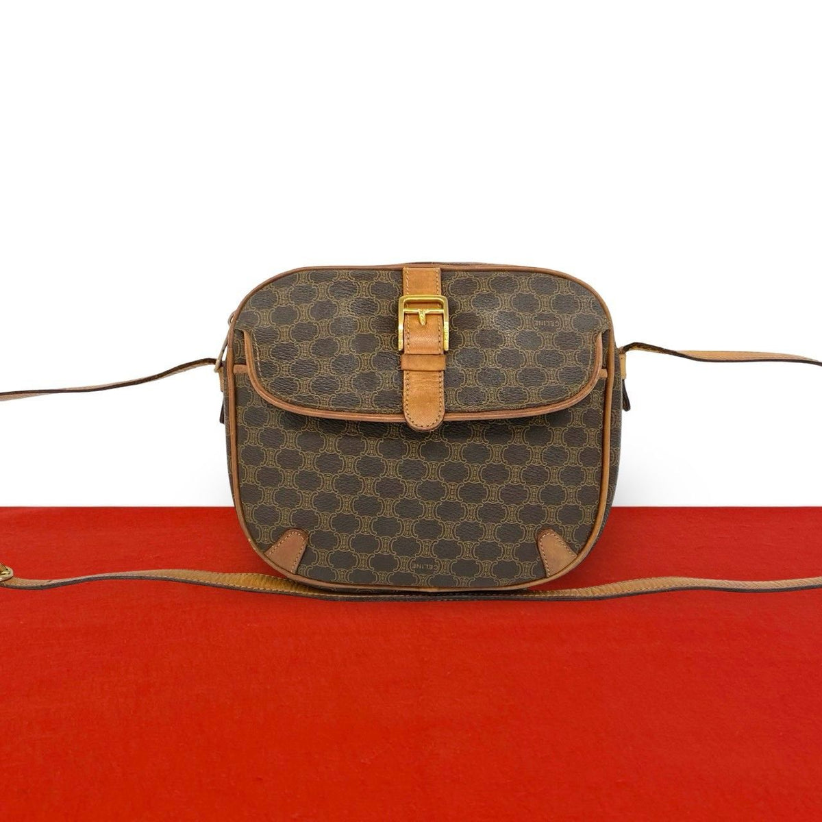 Celine Vintage Macadam Blason Pattern Leather Shoulder Bag Pochette Crossbody