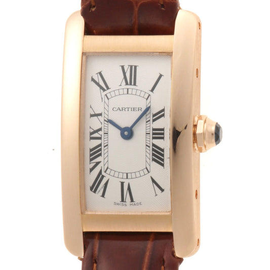 Cartier Tank Americanine SM Watch 18k Yellow Gold Leather Strap Silver Quartz