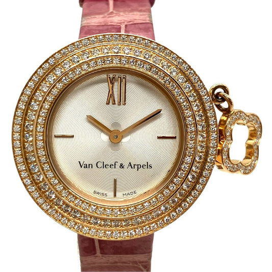 Van Cleef & Arpels Charm Bezel Diamond Watch 18k Leather Quartz Silver Dial