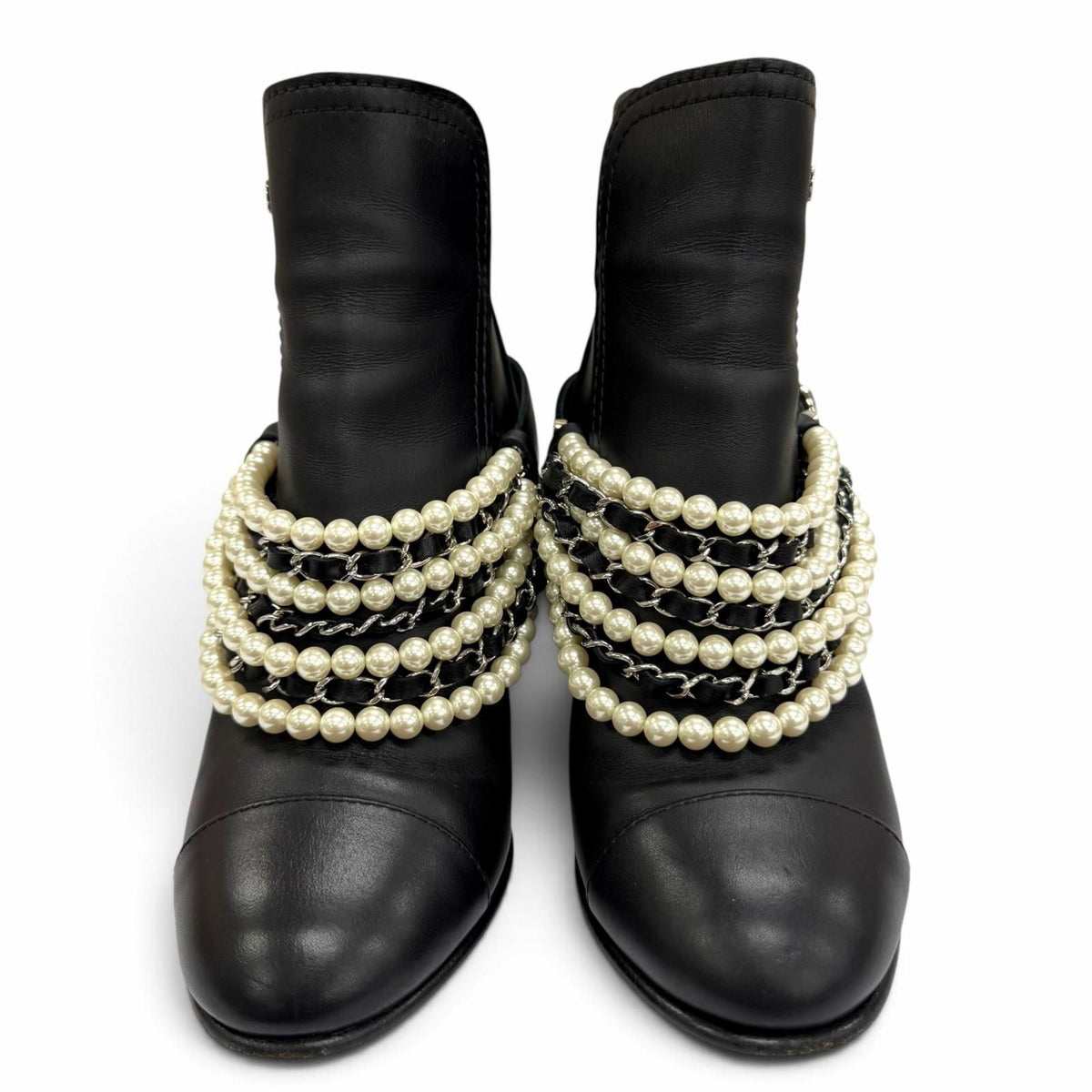 Chanel CC Logo Ecopearl Chain Belt Leather Short Boots Black — view 2