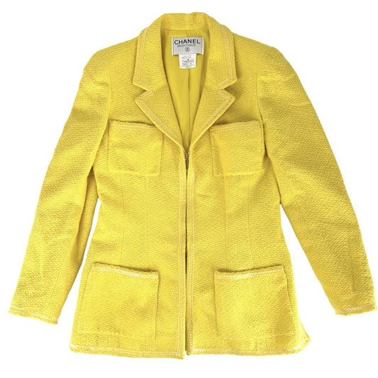 Chanel Jacket Zip Up Yellow Cotton Wool Spring Autumn 40