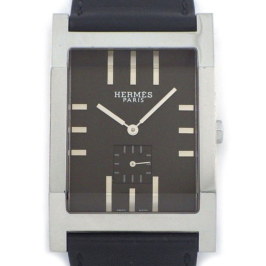 Hermes Watch Tandem Rectangular Black Dial Small Second Leather Strap SS Quartz