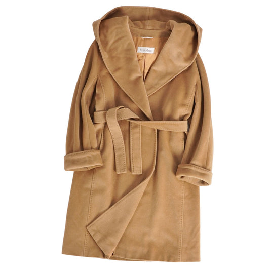 Max Mara Coat Long Hooded Wrap Wool Cashmere Hood Belted Beige