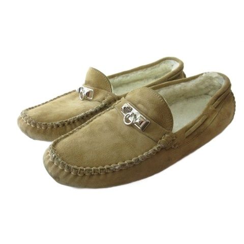 Hermes Driving Shoes Loafers Suede Fleece Beige