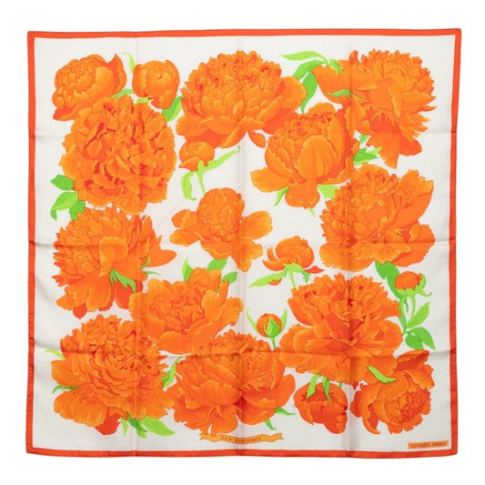Hermes Carre 90 les Pivoines Paeonia Scarf Orange Silk