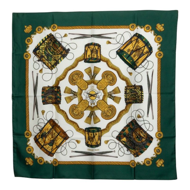 Hermes Carre 90 les Tambour Drum Scarf Large Green Multicolor Silk