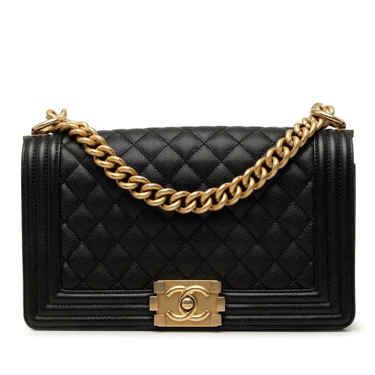 Chanel Quilted CC Logo Boy 25 Crossbody Chain Shoulder Bag Black Gold Caviar