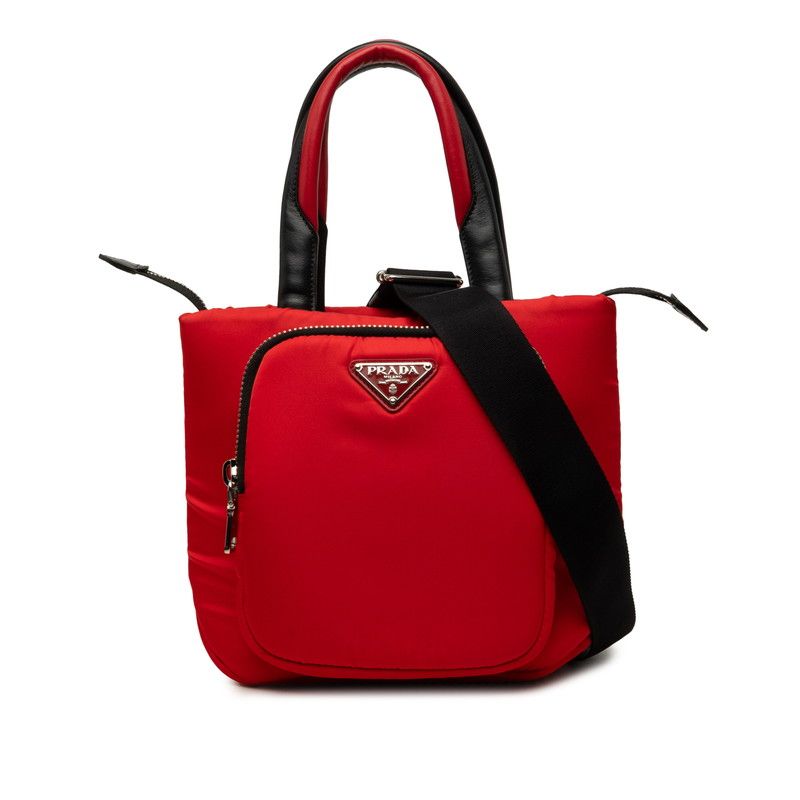 Prada Tessuto Pocket 2-Way Shoulder Bag Red Black Nylon Leather