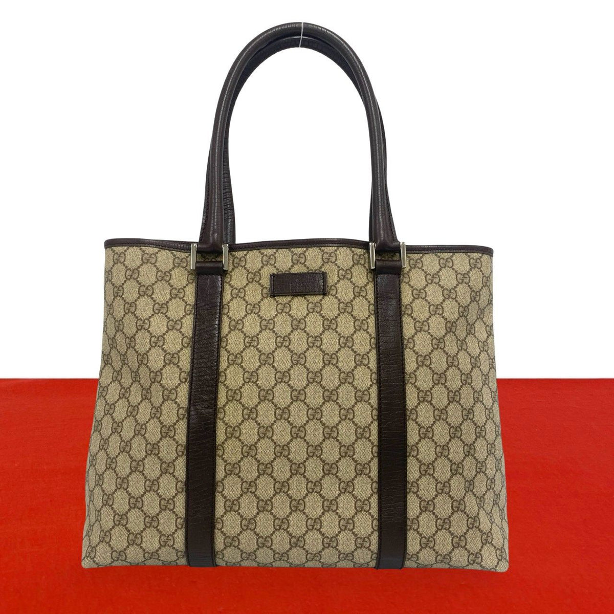 Gucci GG Supreme Logo Leather Tote Shoulder Bag Brown