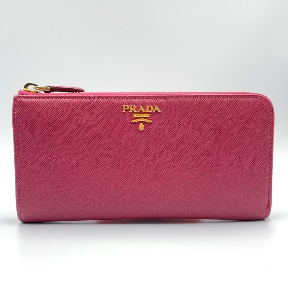 Prada Saffiano Leather L-shaped Zipper Pink Wallet Gold
