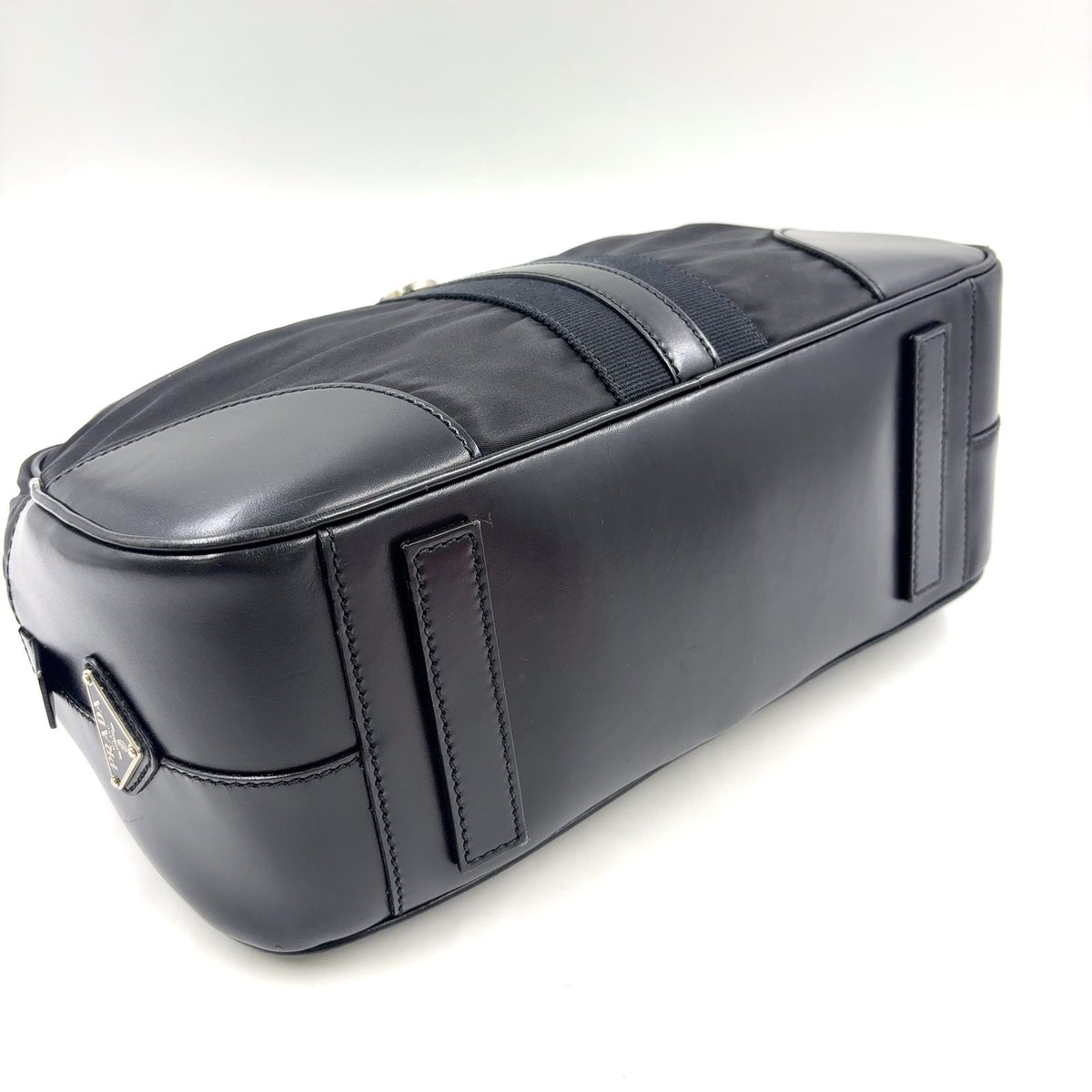 Prada Triangle Logo Nylon Bowling Bag Leather Black Mini Silver — view 8
