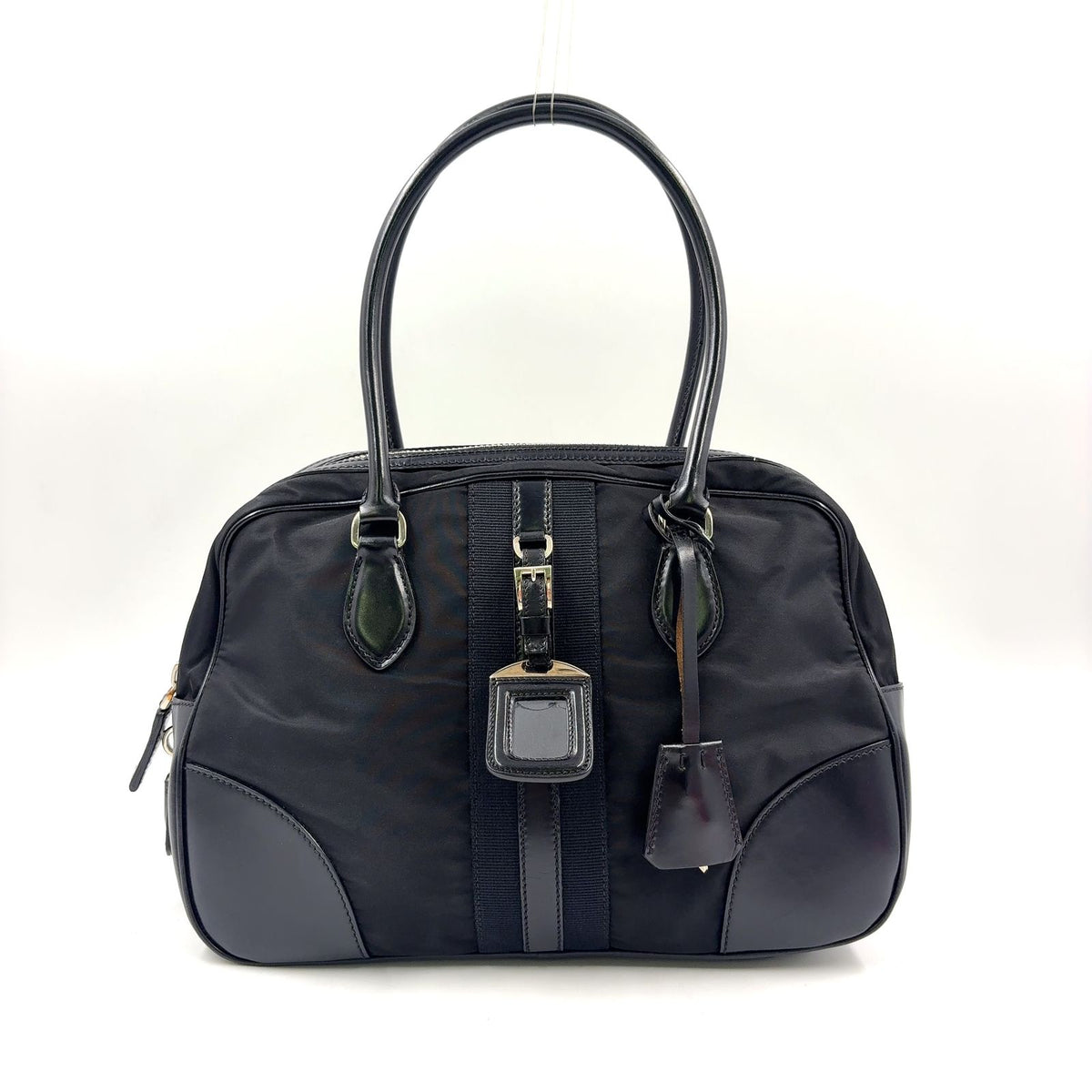 Prada Triangle Logo Nylon Bowling Bag Leather Black Mini Silver