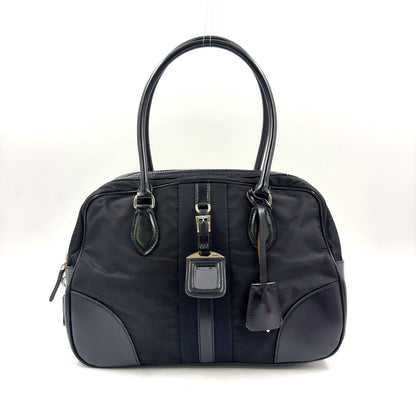 Prada Triangle Logo Nylon Bowling Bag Leather Black Mini Silver