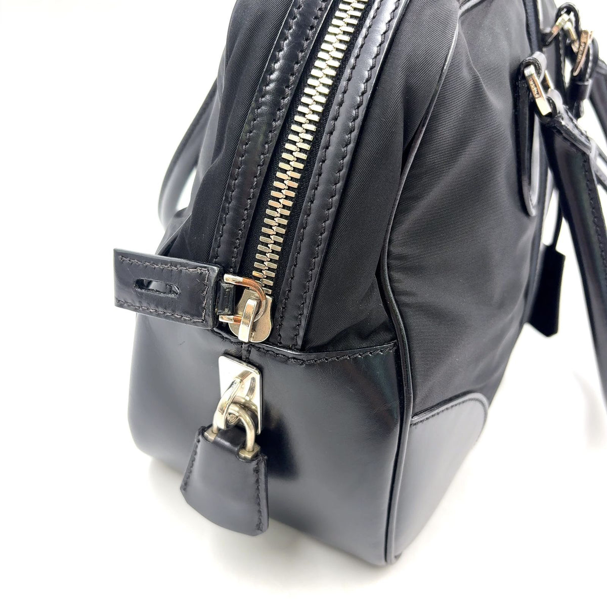 Prada Triangle Logo Nylon Bowling Bag Leather Black Mini Silver — view 7