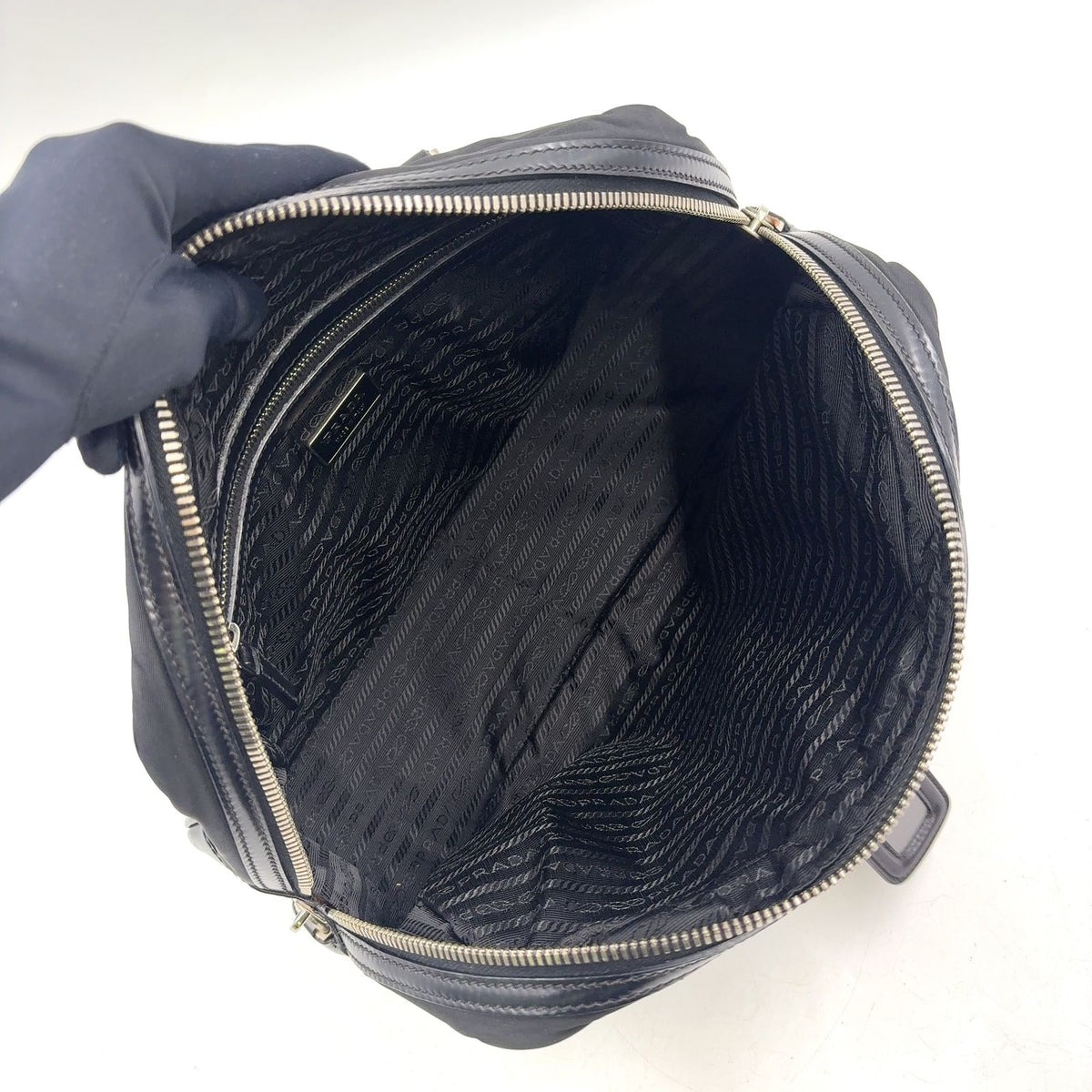 Prada Triangle Logo Nylon Bowling Bag Leather Black Mini Silver — view 3
